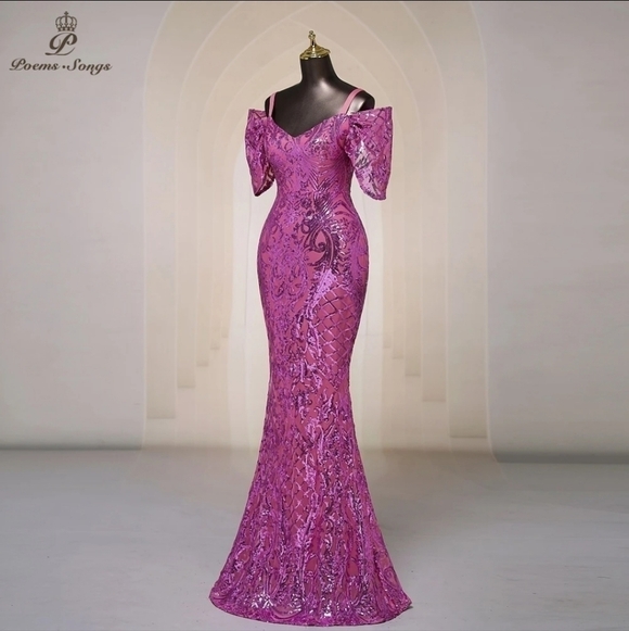 Violet Purple Contrast Mesh and Sequined , Spaghetti Strap, Mermaid Ma… - Picture 10 of 15